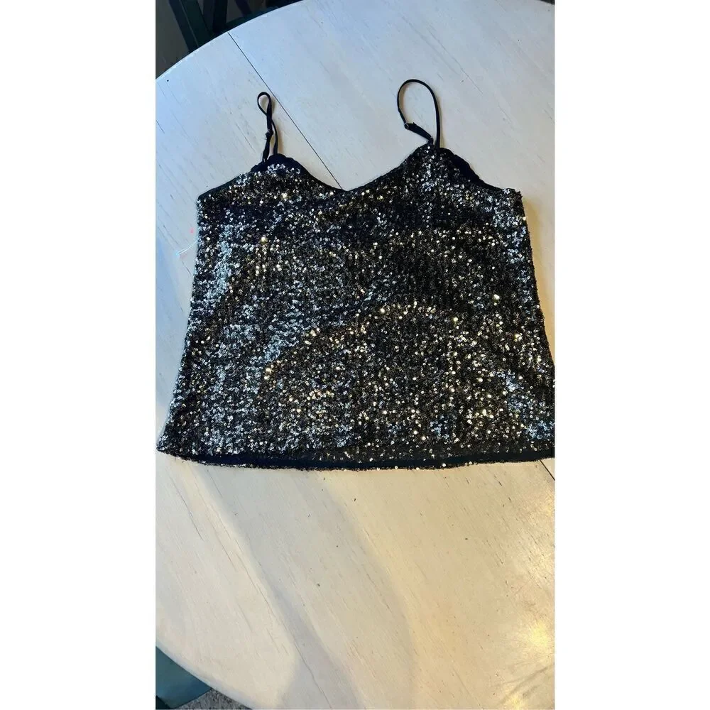 Carmen Marc Valvo Black Gold Sequin Spaghetti Strap Camisole Blouse SZ S (4/6) - Picture 7 of 9